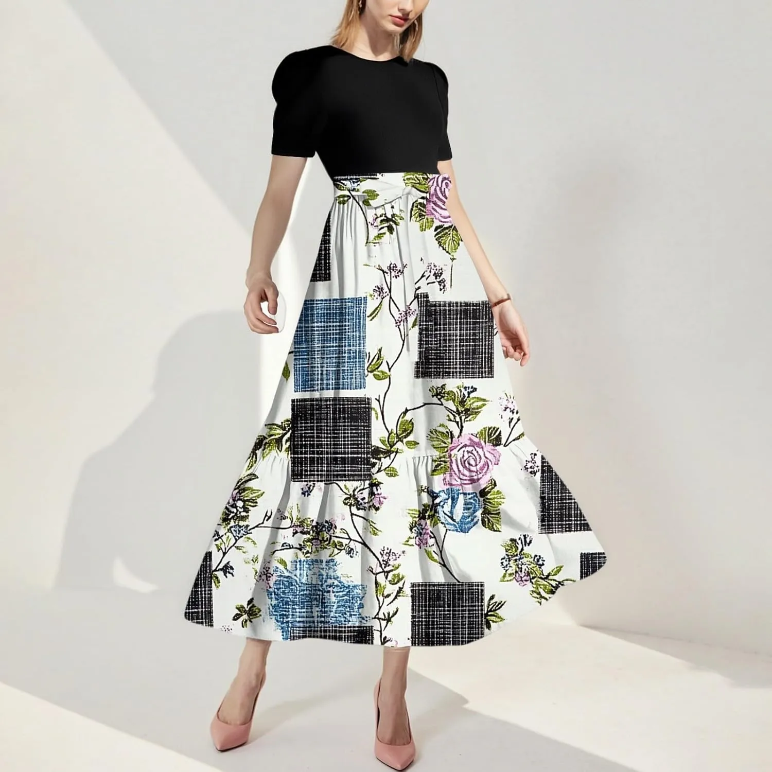 Women's Fashion Casual Belt Short Sleeve Round Neck Stitching Elegant Floral Pattern Vacation Corset Long Dresses