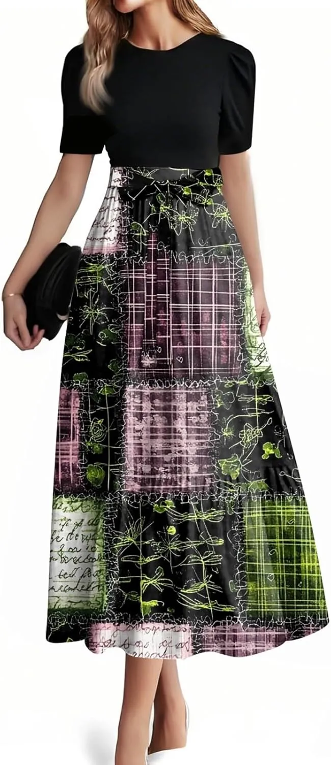 Women's Fashion Casual Belt Short Sleeve Round Neck Stitching Elegant Floral Pattern Vacation Corset Long Dresses
