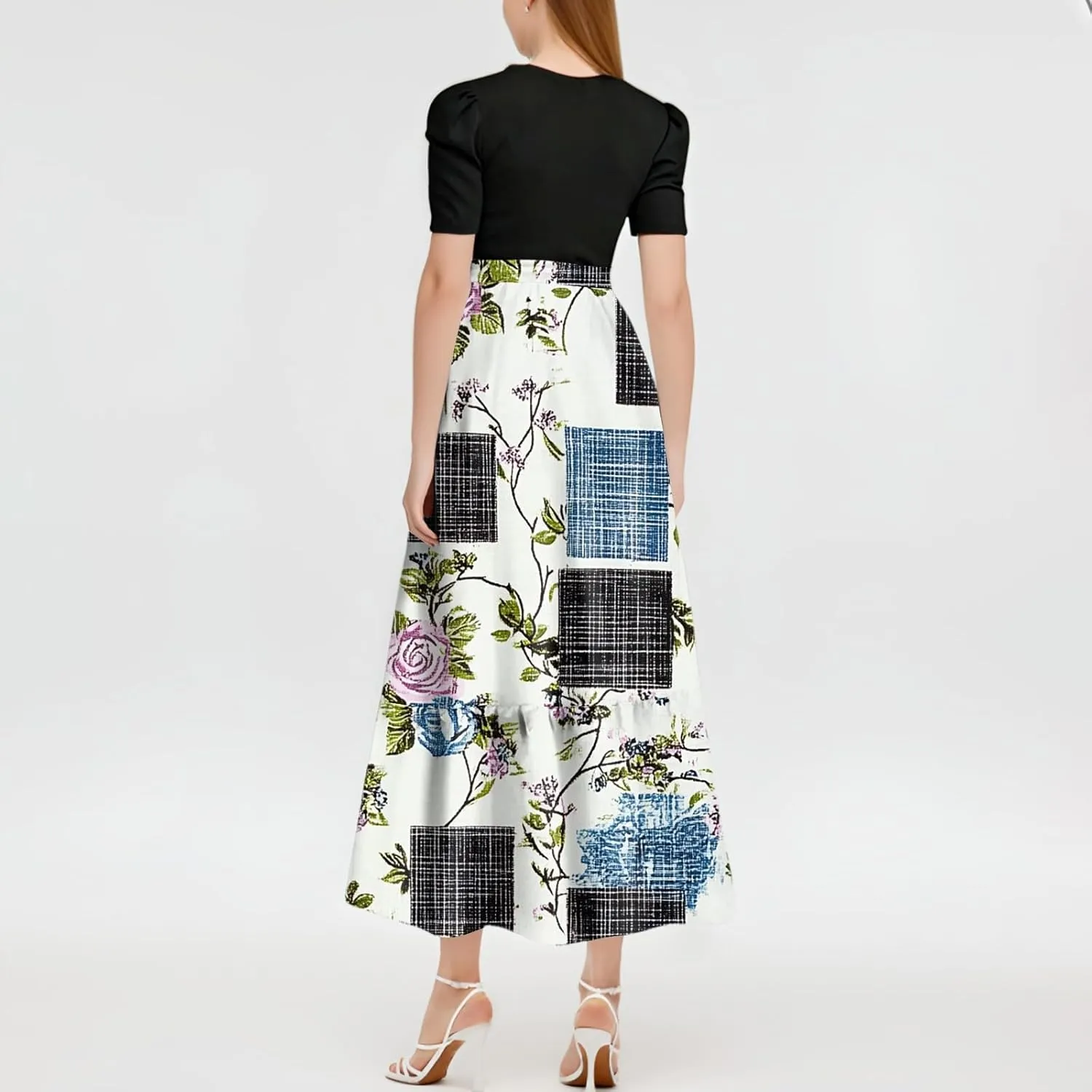 Women's Fashion Casual Belt Short Sleeve Round Neck Stitching Elegant Floral Pattern Vacation Corset Long Dresses