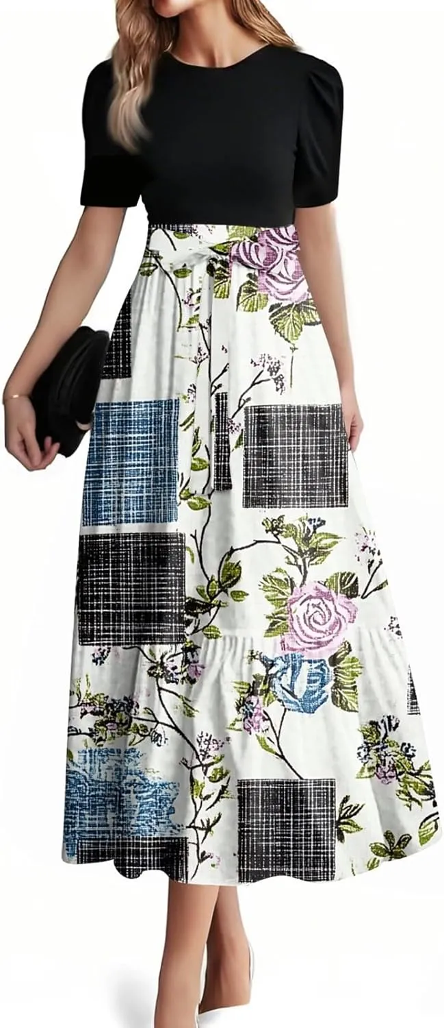 Women's Fashion Casual Belt Short Sleeve Round Neck Stitching Elegant Floral Pattern Vacation Corset Long Dresses