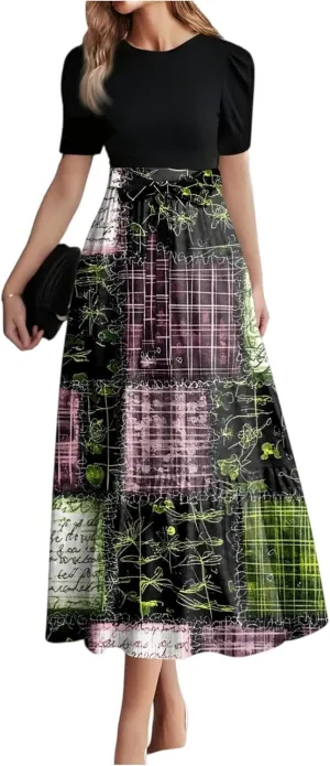 Women's Fashion Casual Belt Short Sleeve Round Neck Stitching Elegant Floral Pattern Vacation Corset Long Dresses