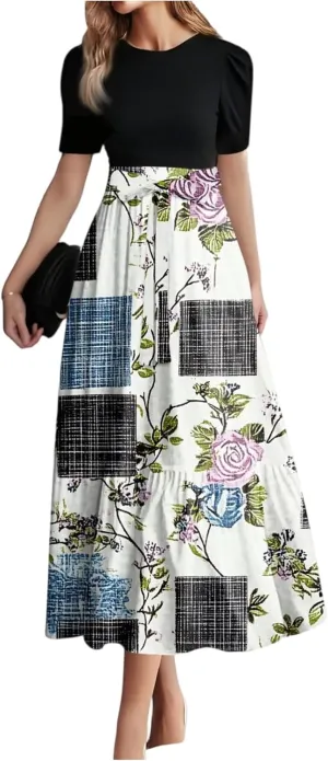 Women's Fashion Casual Belt Short Sleeve Round Neck Stitching Elegant Floral Pattern Vacation Corset Long Dresses