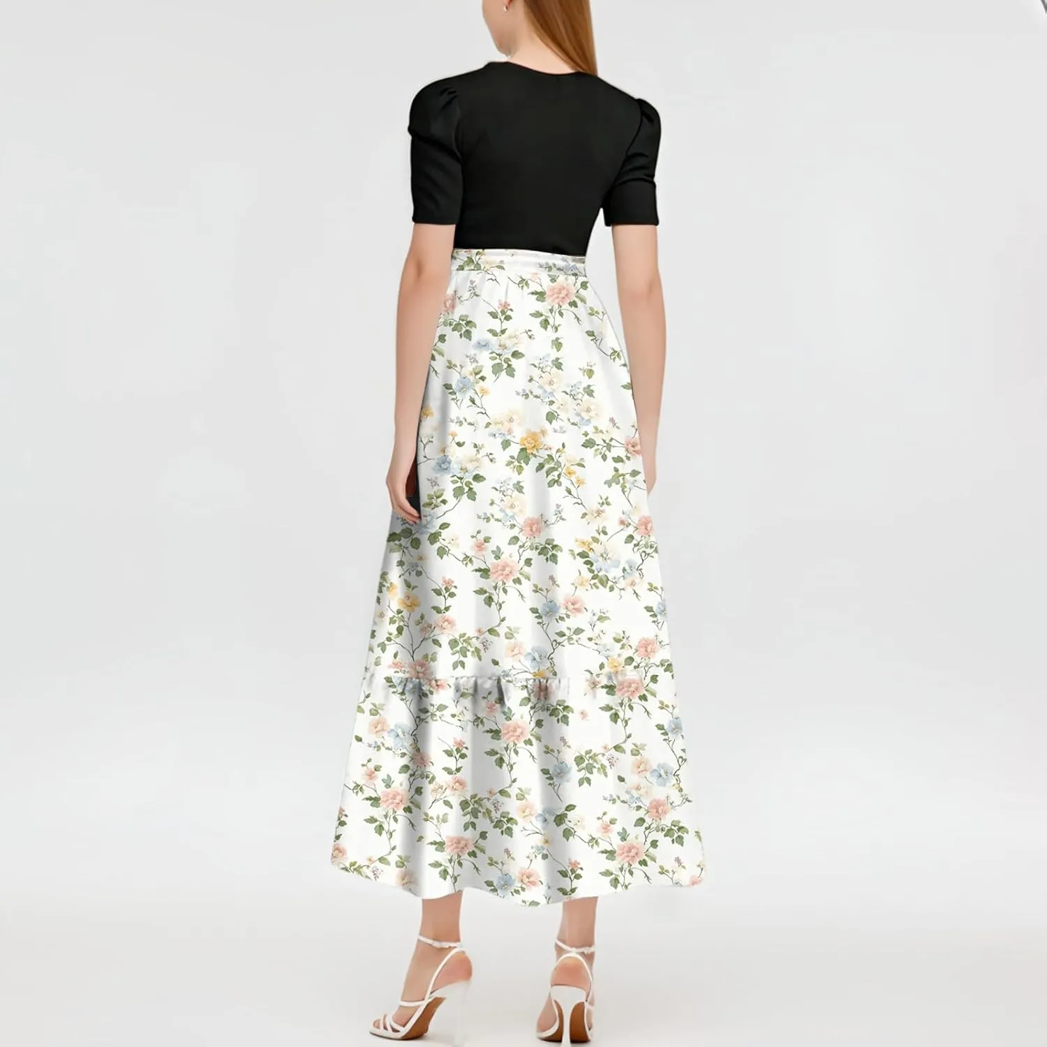 Women's Fashion Casual Belt Short Sleeve Round Neck Stitching Elegant Temperament Print Vacation Corset Long Dresses