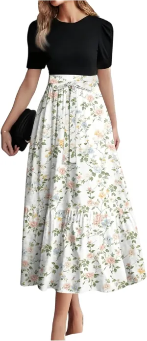 Women's Fashion Casual Belt Short Sleeve Round Neck Stitching Elegant Temperament Print Vacation Corset Long Dresses
