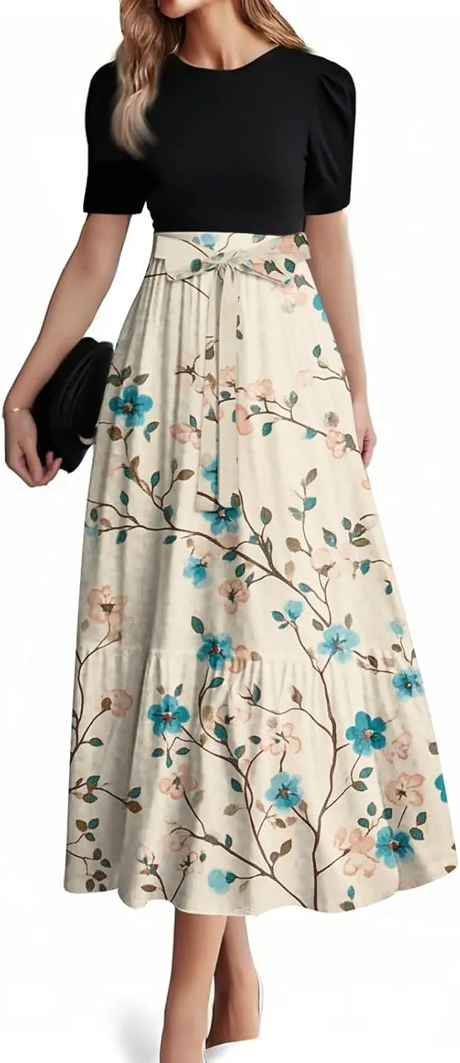 Women's Fashion Casual Belt Short Sleeve Round Neck Stitching Elegant Temperament Print Vacation Corset Long Dresses