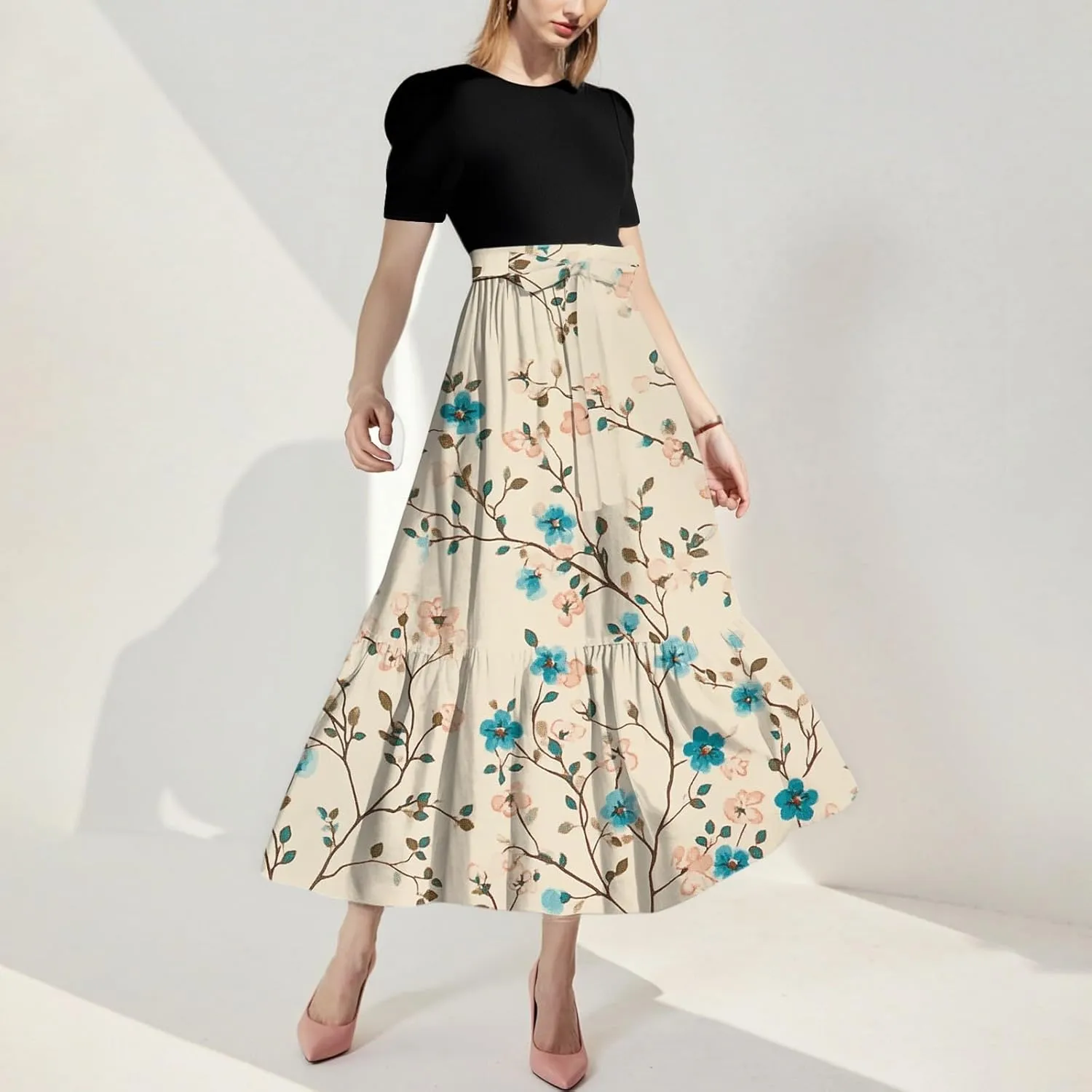 Women's Fashion Casual Belt Short Sleeve Round Neck Stitching Elegant Temperament Print Vacation Corset Long Dresses