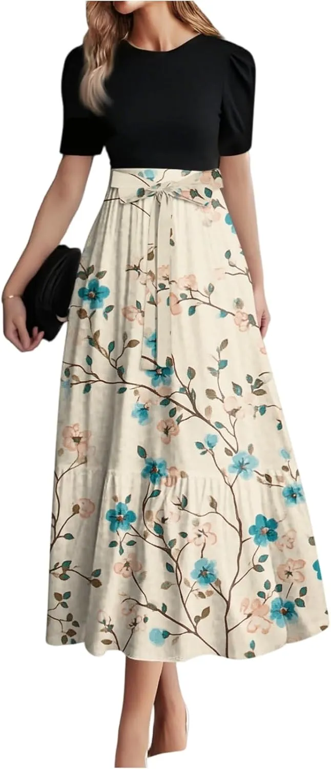 Women's Fashion Casual Belt Short Sleeve Round Neck Stitching Elegant Temperament Print Vacation Corset Long Dresses