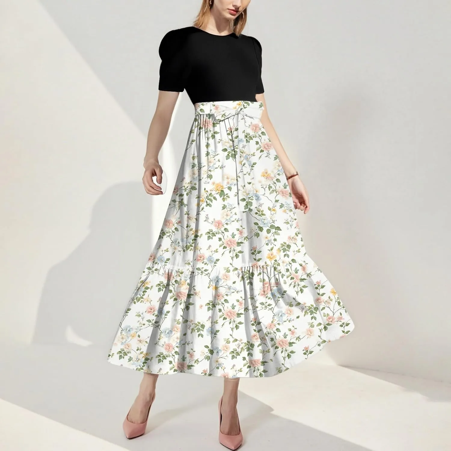 Women's Fashion Casual Belt Short Sleeve Round Neck Stitching Elegant Temperament Print Vacation Corset Long Dresses