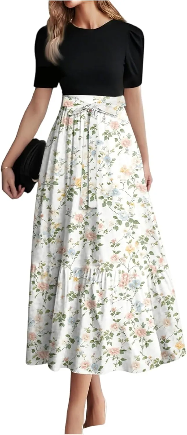 Women's Fashion Casual Belt Short Sleeve Round Neck Stitching Elegant Temperament Print Vacation Corset Long Dresses