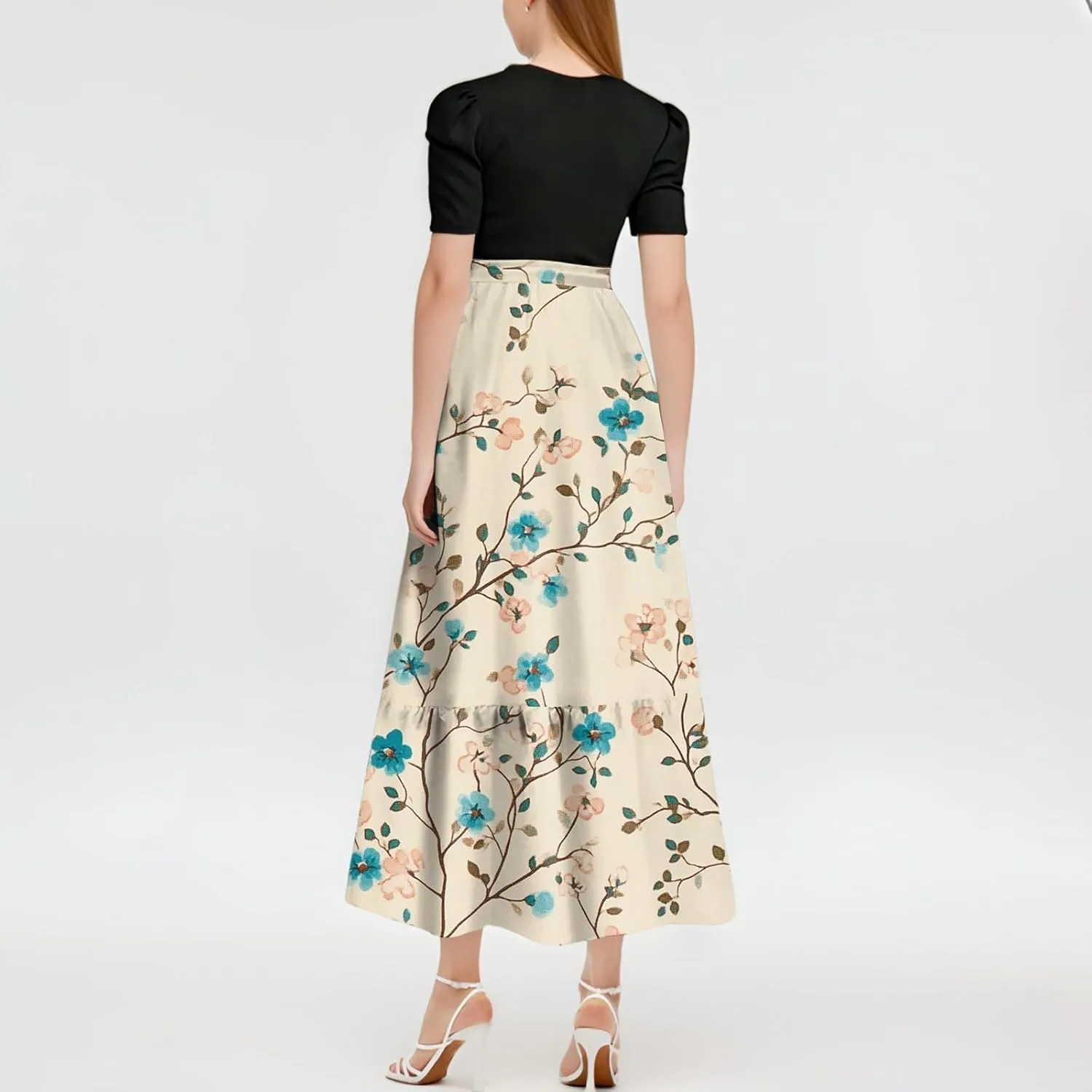 Women's Fashion Casual Belt Short Sleeve Round Neck Stitching Elegant Temperament Print Vacation Corset Long Dresses