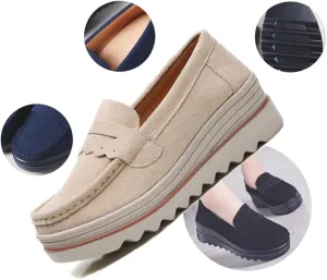 Women's Fashion Thick Sole Suede Orthopedic Loafers,Slip-On Wedge Comfortable Thick Soft Business Casual Shoes,Womens Round Toe Flats Walking Shoe