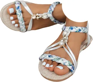 Womens Flat Sandals Ankle Strap Boho Sandals for Women 2025 Dressy Slip on Comfortable Bohemian Beaded Summer Thong Flats
