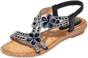 Women's Flat Sandals Boho Summer Rhinestone Beach Sandals，Womens Sandals Flip Flops Slipper Ankle Elastic T-Strap Flower Crystal Bohemia Shoes