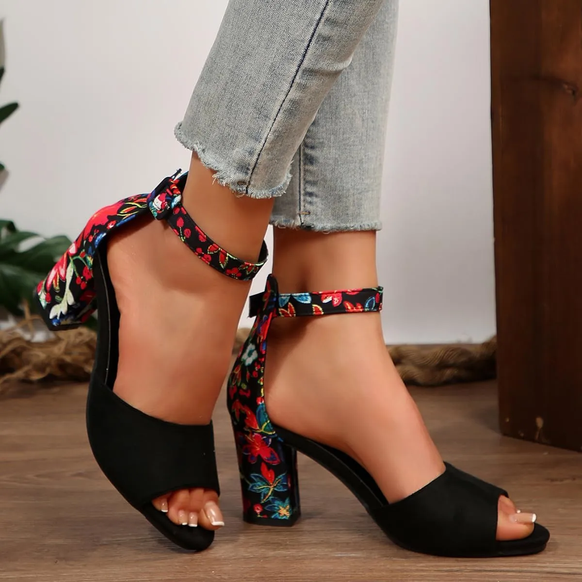 Women's Floral Print Block Thick Bottom Chunky Heel Sandals Casual Fashion Ankle Strap High Heel Open Toe Roman Sandals