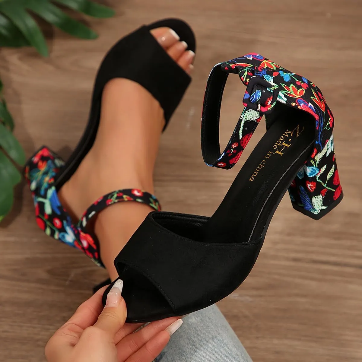 Women's Floral Print Block Thick Bottom Chunky Heel Sandals Casual Fashion Ankle Strap High Heel Open Toe Roman Sandals