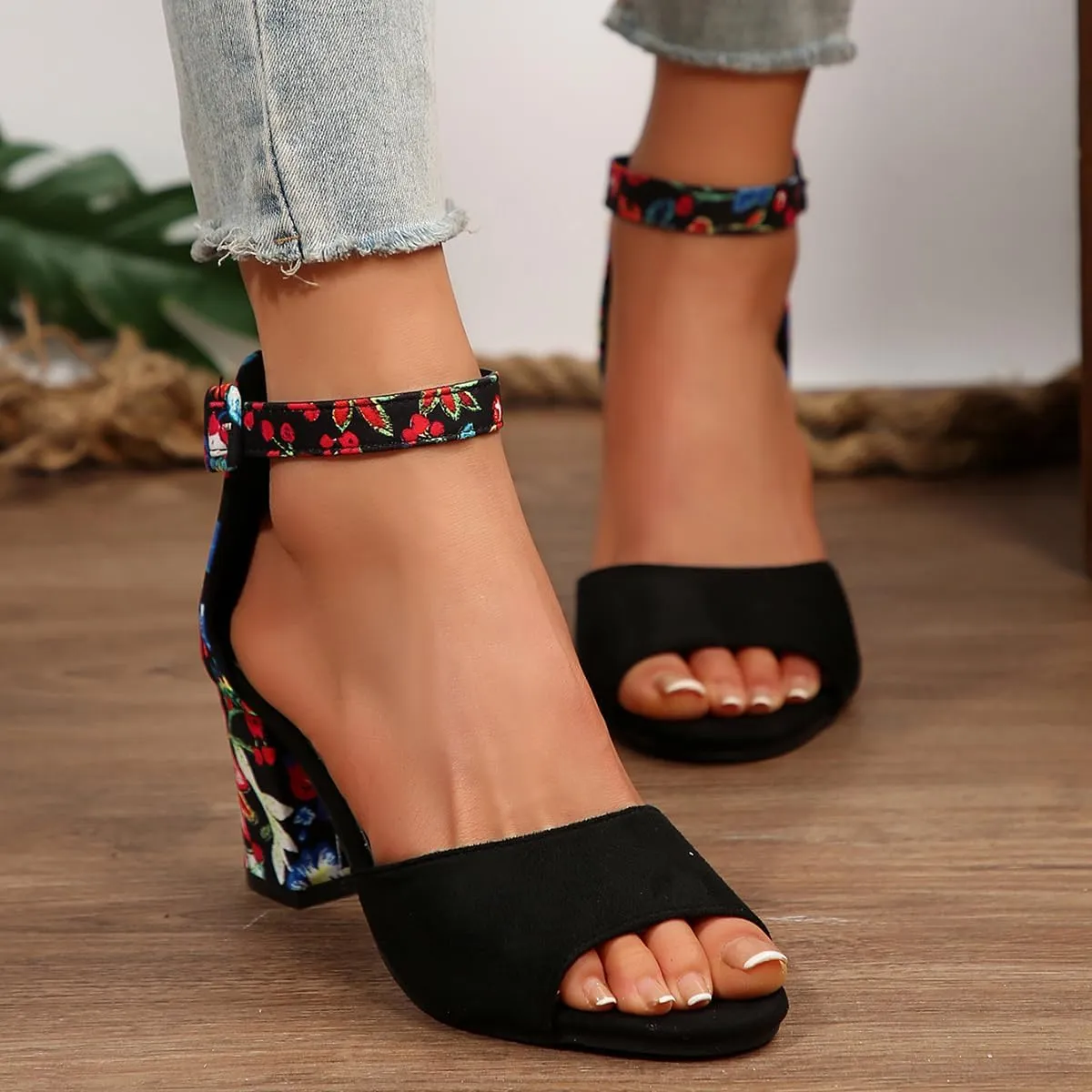 Women's Floral Print Block Thick Bottom Chunky Heel Sandals Casual Fashion Ankle Strap High Heel Open Toe Roman Sandals