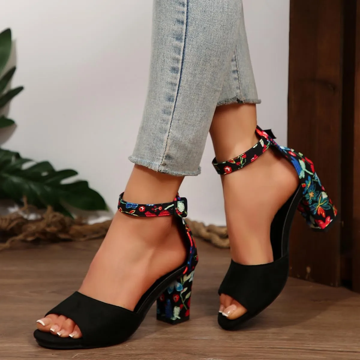 Women's Floral Print Block Thick Bottom Chunky Heel Sandals Casual Fashion Ankle Strap High Heel Open Toe Roman Sandals