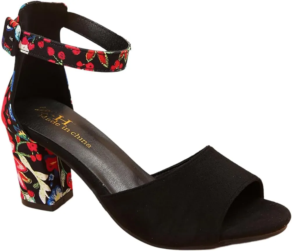 Women's Floral Print Block Thick Bottom Chunky Heel Sandals Casual Fashion Ankle Strap High Heel Open Toe Roman Sandals