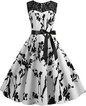 Women's Floral Print Sleeveless A Line Dresses Summer Casual Lace Tunic Party Prom Dress