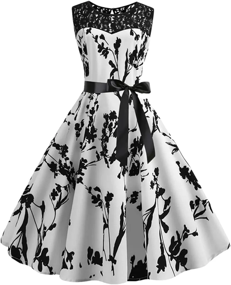 Women's Floral Print Sleeveless A Line Dresses Summer Casual Lace Tunic Party Prom Dress