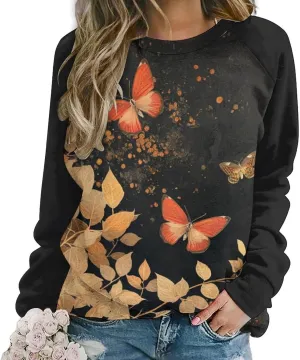 Womens Floral Sweatshirt Vintage Long Sleeve Crewneck Pullover Fall Tops Butterfly Graphic Oversized Casual Clothes
