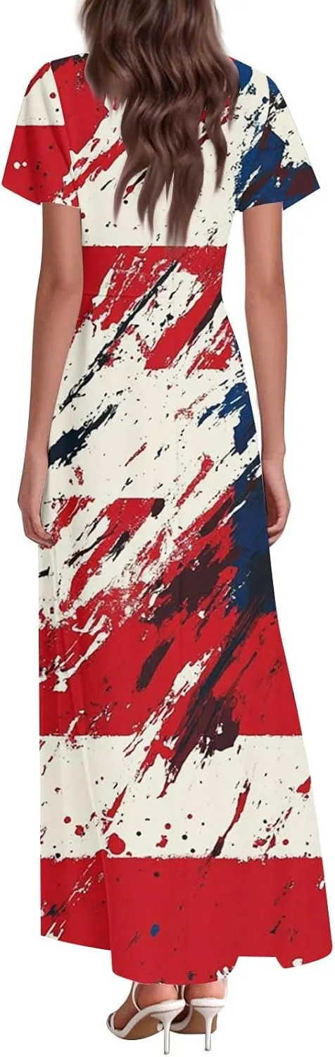 Womens Flutter Sleeves Elegant Long Dress V Neck Flag Prints Fourth of July High Waist Summer Curise Formal Dress