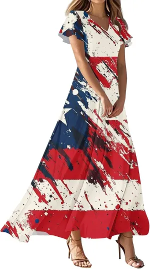 Womens Flutter Sleeves Elegant Long Dress V Neck Flag Prints Fourth of July High Waist Summer Curise Formal Dress