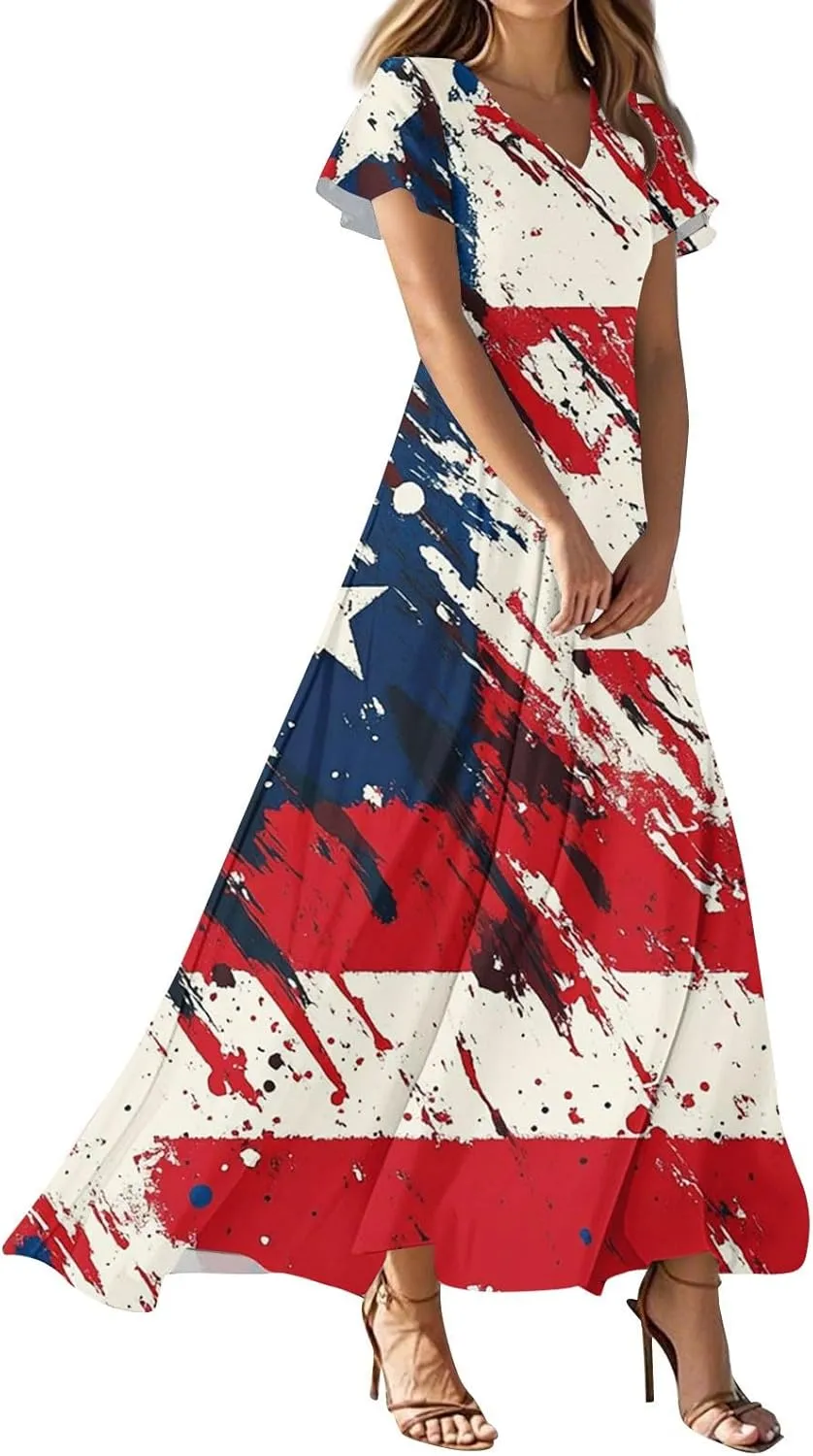 Womens Flutter Sleeves Elegant Long Dress V Neck Flag Prints Fourth of July High Waist Summer Curise Formal Dress