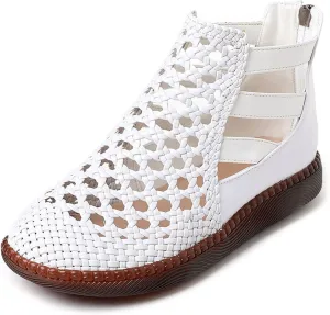 Women's Genuine Leather Braided Cutout High Top Flat Sandals Retro Round Toe Back Zipper Beef Tendon Sole Hollow Ankle Boots Comfortable Breathable Casual Sandals