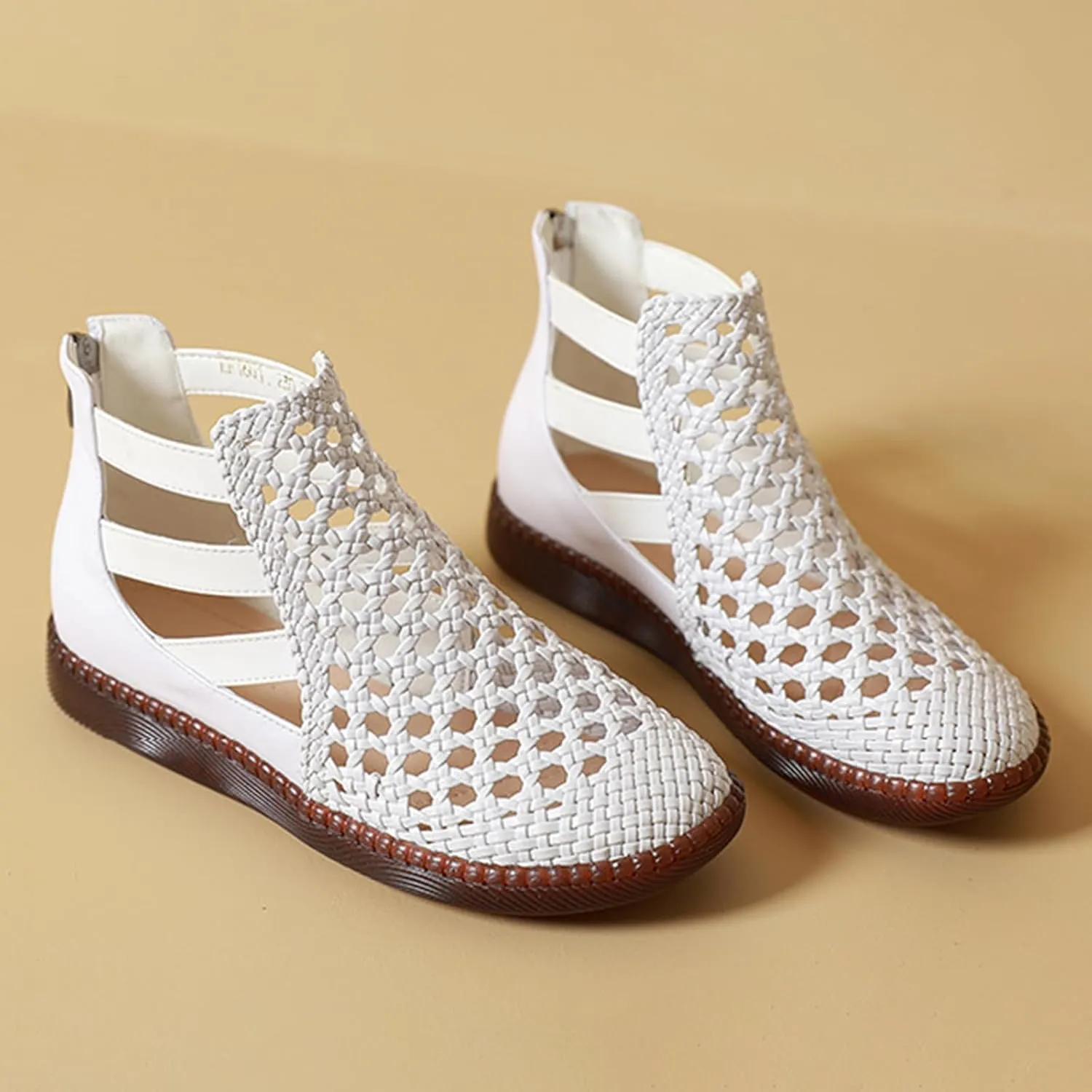Women's Genuine Leather Braided Cutout High Top Flat Sandals Retro Round Toe Back Zipper Beef Tendon Sole Hollow Ankle Boots Comfortable Breathable Casual Sandals