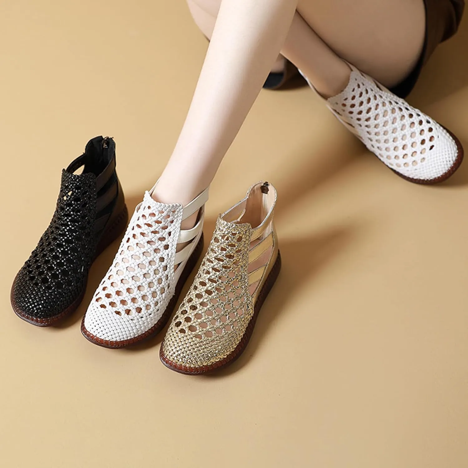 Women's Genuine Leather Braided Cutout High Top Flat Sandals Retro Round Toe Back Zipper Beef Tendon Sole Hollow Ankle Boots Comfortable Breathable Casual Sandals