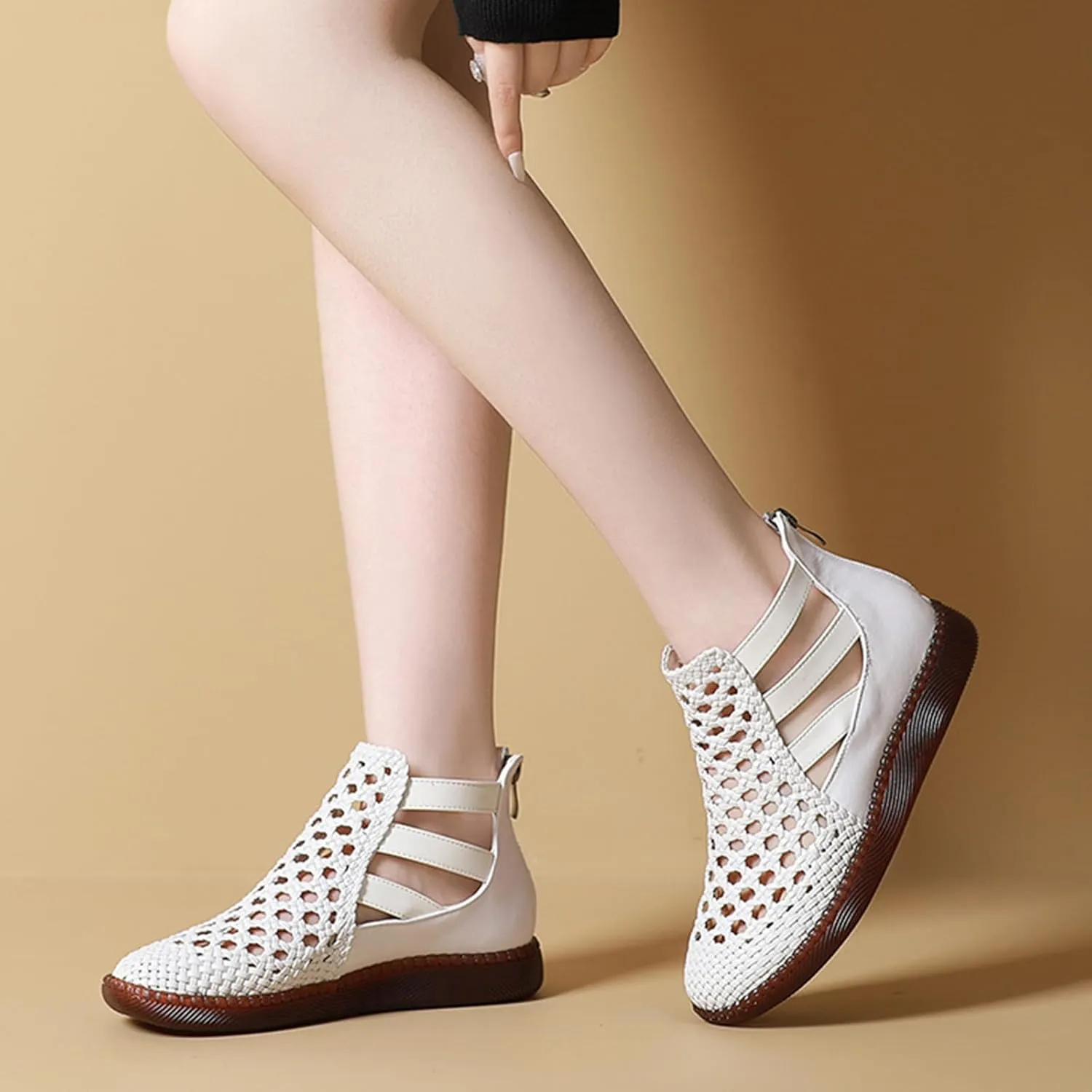 Women's Genuine Leather Braided Cutout High Top Flat Sandals Retro Round Toe Back Zipper Beef Tendon Sole Hollow Ankle Boots Comfortable Breathable Casual Sandals
