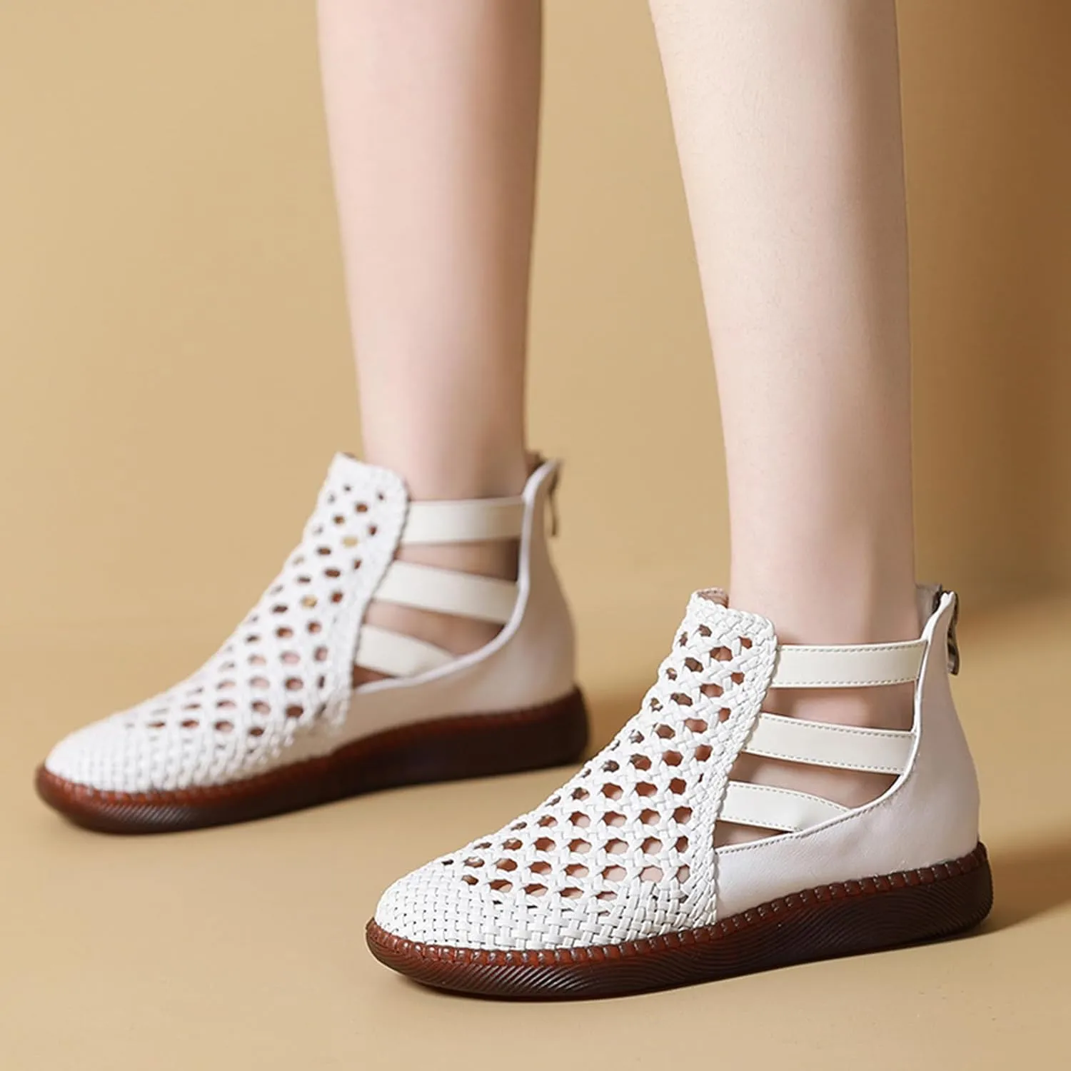 Women's Genuine Leather Braided Cutout High Top Flat Sandals Retro Round Toe Back Zipper Beef Tendon Sole Hollow Ankle Boots Comfortable Breathable Casual Sandals