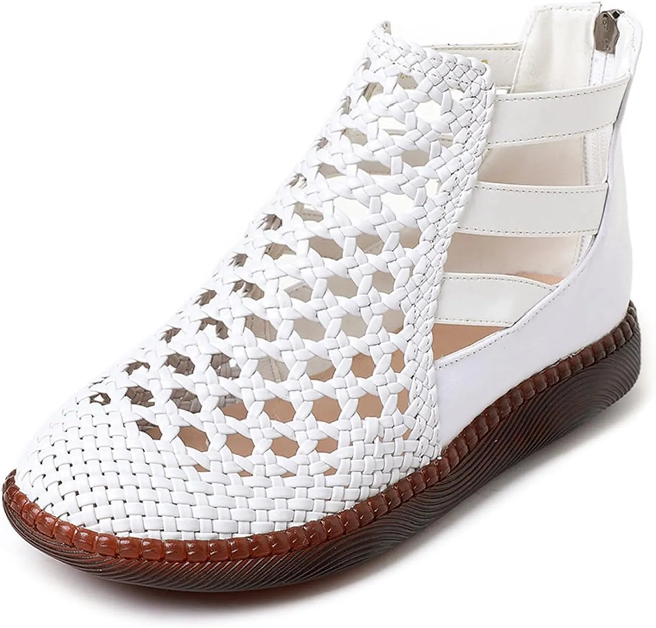 Women's Genuine Leather Braided Cutout High Top Flat Sandals Retro Round Toe Back Zipper Beef Tendon Sole Hollow Ankle Boots Comfortable Breathable Casual Sandals