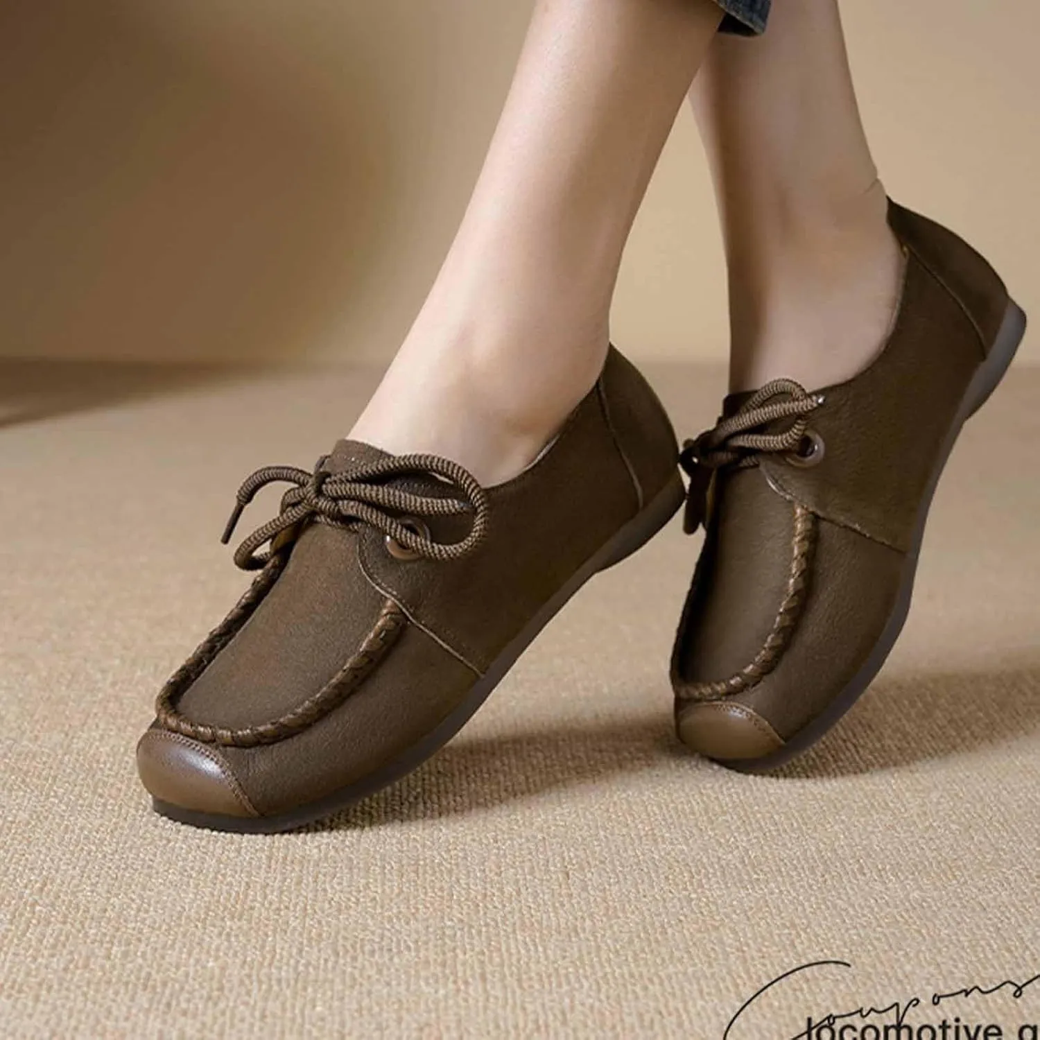 Women's Genuine Leather Lace-up Flat Loafers Handmade Comfortable Round Toe Slip On Anti-Slip Lightweight Soft Sole Moccasins Boat Shoes Casual Walking Penny Loafers for Women