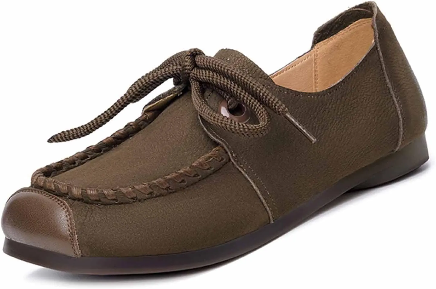 Women's Genuine Leather Lace-up Flat Loafers Handmade Comfortable Round Toe Slip On Anti-Slip Lightweight Soft Sole Moccasins Boat Shoes Casual Walking Penny Loafers for Women
