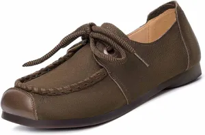 Women's Genuine Leather Lace-up Flat Loafers Handmade Comfortable Round Toe Slip On Anti-Slip Lightweight Soft Sole Moccasins Boat Shoes Casual Walking Penny Loafers for Women