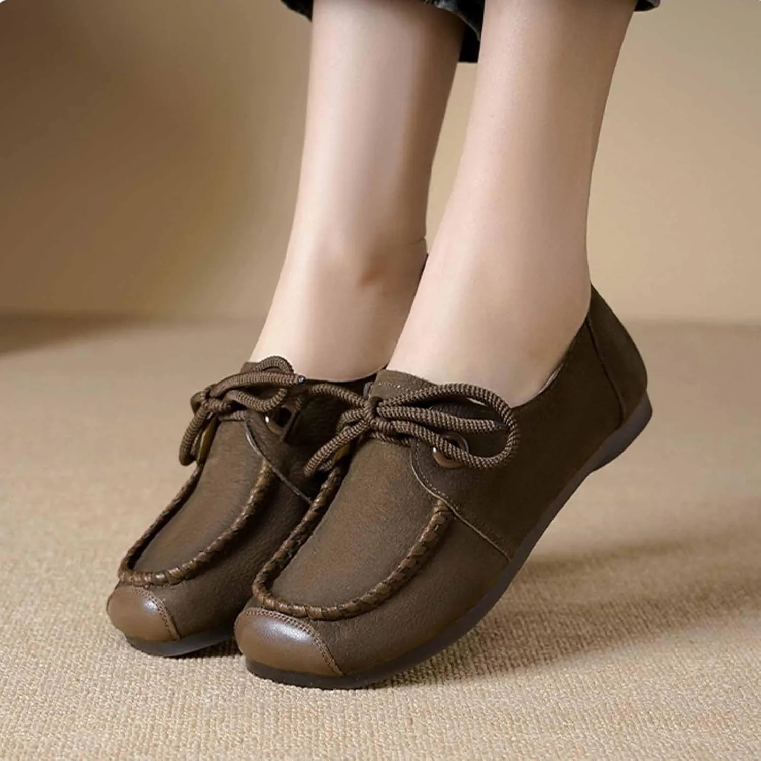 Women's Genuine Leather Lace-up Flat Loafers Handmade Comfortable Round Toe Slip On Anti-Slip Lightweight Soft Sole Moccasins Boat Shoes Casual Walking Penny Loafers for Women