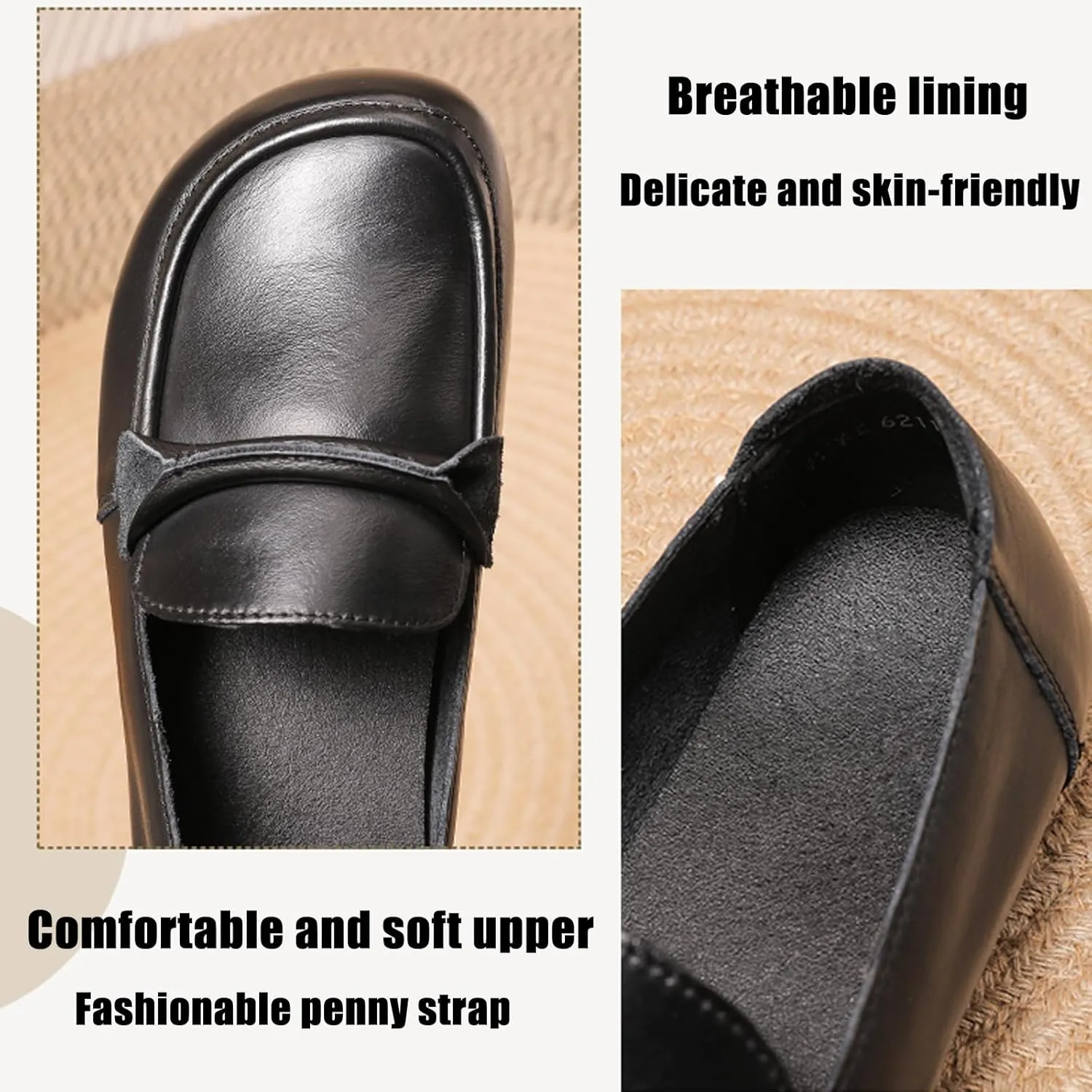 Women's Genuine Leather Slip-On Penny Loafers,Classic Round Toe Casual Walking Moccasin Flats,Comfortable Soft Sole Non-Slip Driving Work Shoes