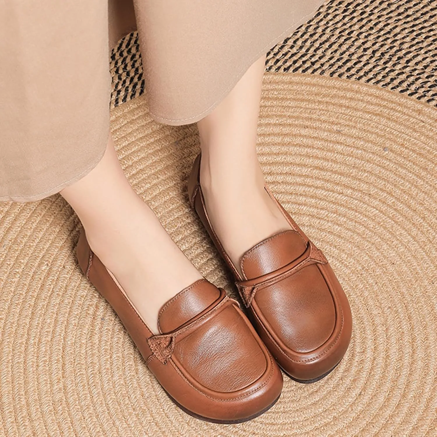 Women's Genuine Leather Slip-On Penny Loafers,Classic Round Toe Casual Walking Moccasin Flats,Comfortable Soft Sole Non-Slip Driving Work Shoes