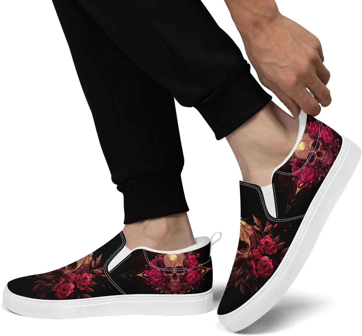 Women's Gothic Skull Slip Ons Sneakers Elastic Canvas Casual Loafers Rock &Punk Low Top Walking Shoes for Men