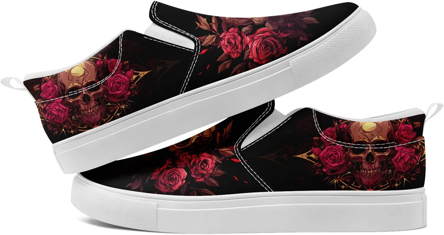 Women's Gothic Skull Slip Ons Sneakers Elastic Canvas Casual Loafers Rock &Punk Low Top Walking Shoes for Men