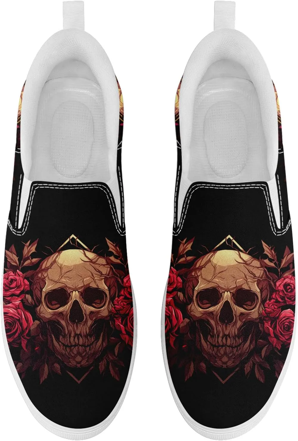 Women's Gothic Skull Slip Ons Sneakers Elastic Canvas Casual Loafers Rock &Punk Low Top Walking Shoes for Men