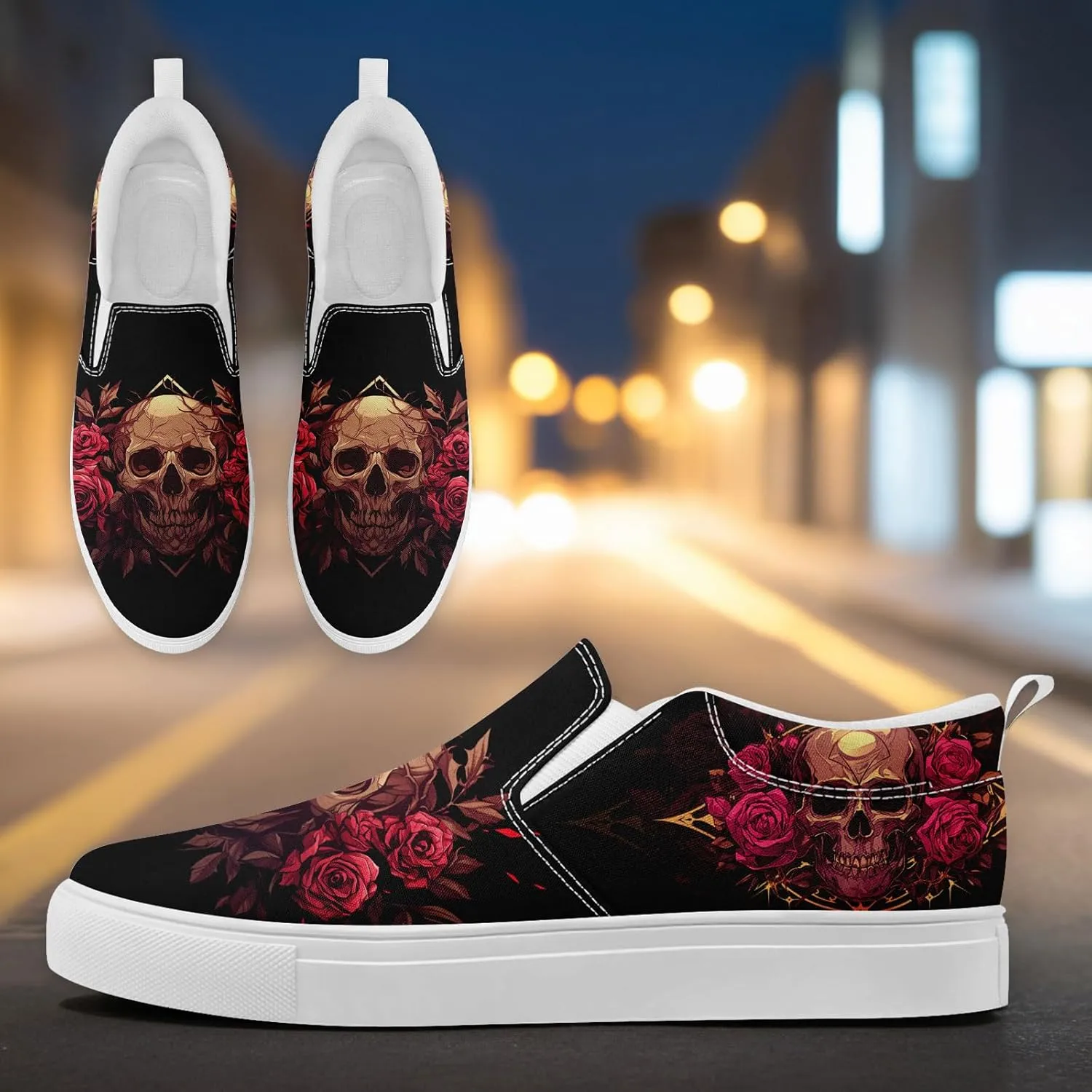 Women's Gothic Skull Slip Ons Sneakers Elastic Canvas Casual Loafers Rock &Punk Low Top Walking Shoes for Men