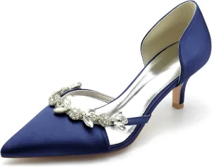 Women's High Heel Bridal Shoes with Crystal Satin Pointed Toe Dress Pumps Slip on Evening Party Wedding Court Shoes