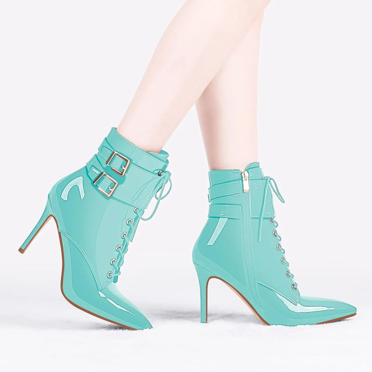 Women's High Stiletto Heel Pointed Toe Ankle Boots Lace Up Buckle Strap Dress Booties