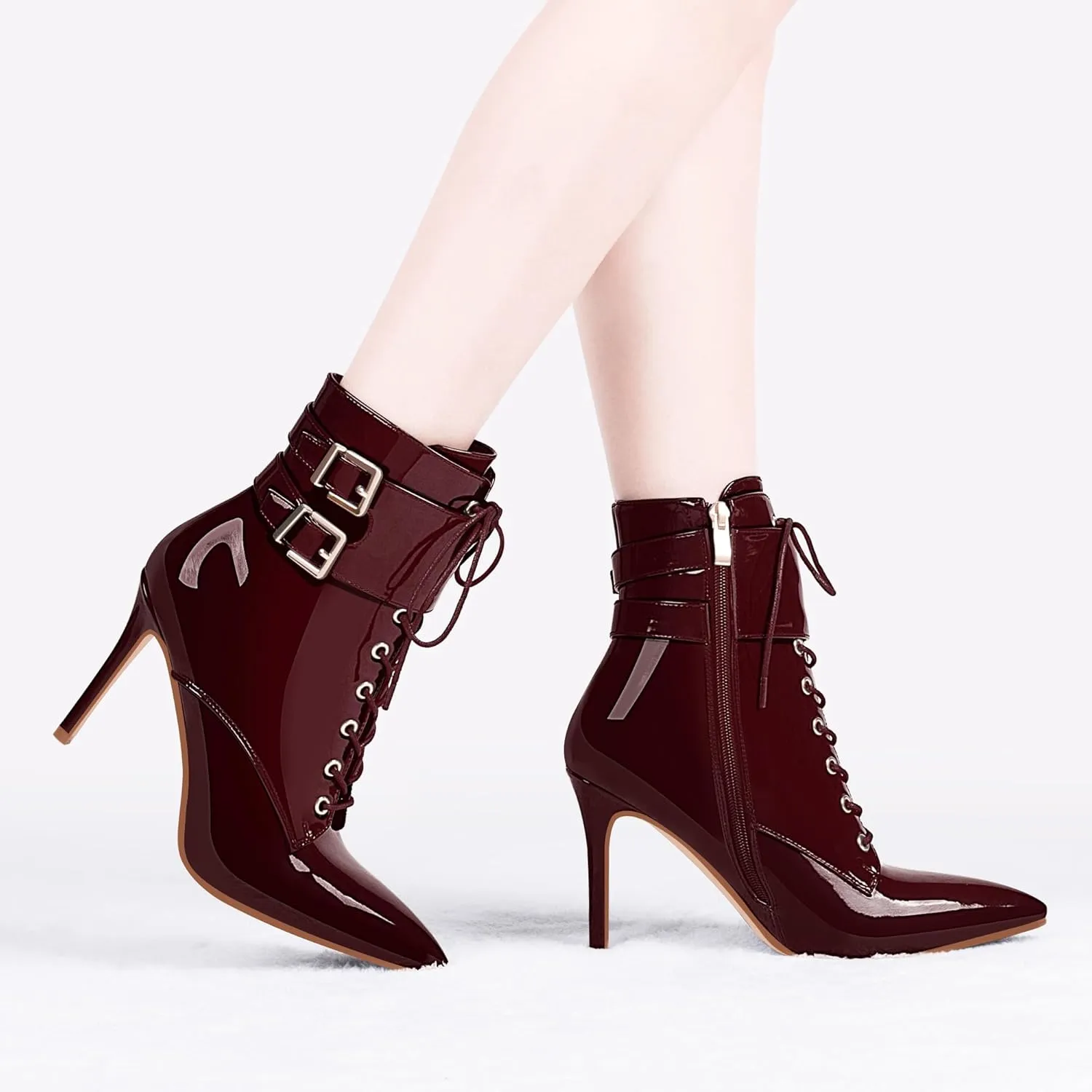 Women's High Stiletto Heel Pointed Toe Ankle Boots Lace Up Buckle Strap Dress Booties