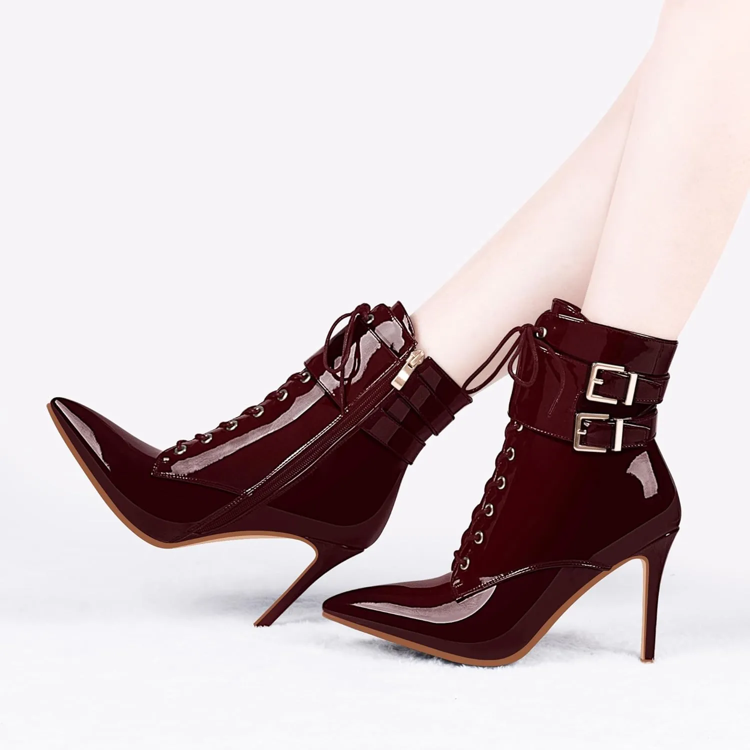 Women's High Stiletto Heel Pointed Toe Ankle Boots Lace Up Buckle Strap Dress Booties