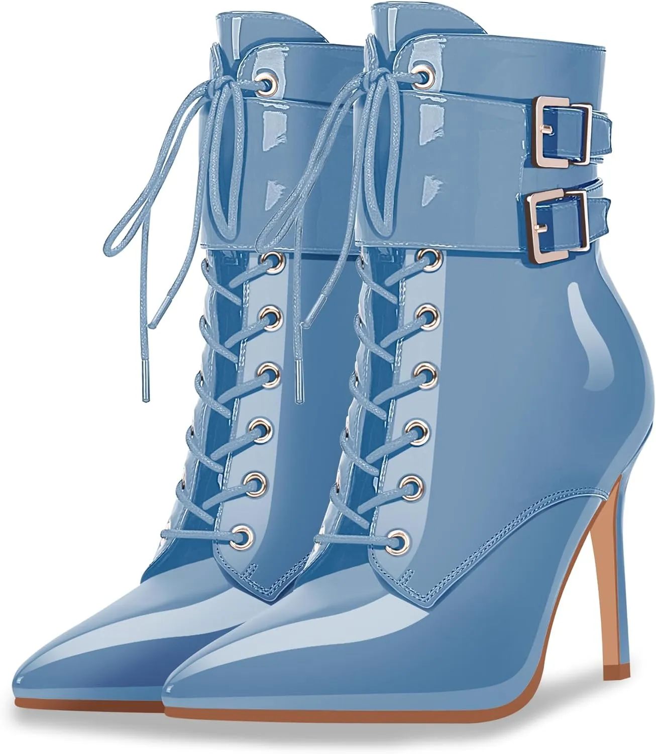 Women's High Stiletto Heel Pointed Toe Ankle Boots Lace Up Buckle Strap Dress Booties