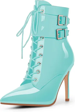 Women's High Stiletto Heel Pointed Toe Ankle Boots Lace Up Buckle Strap Dress Booties